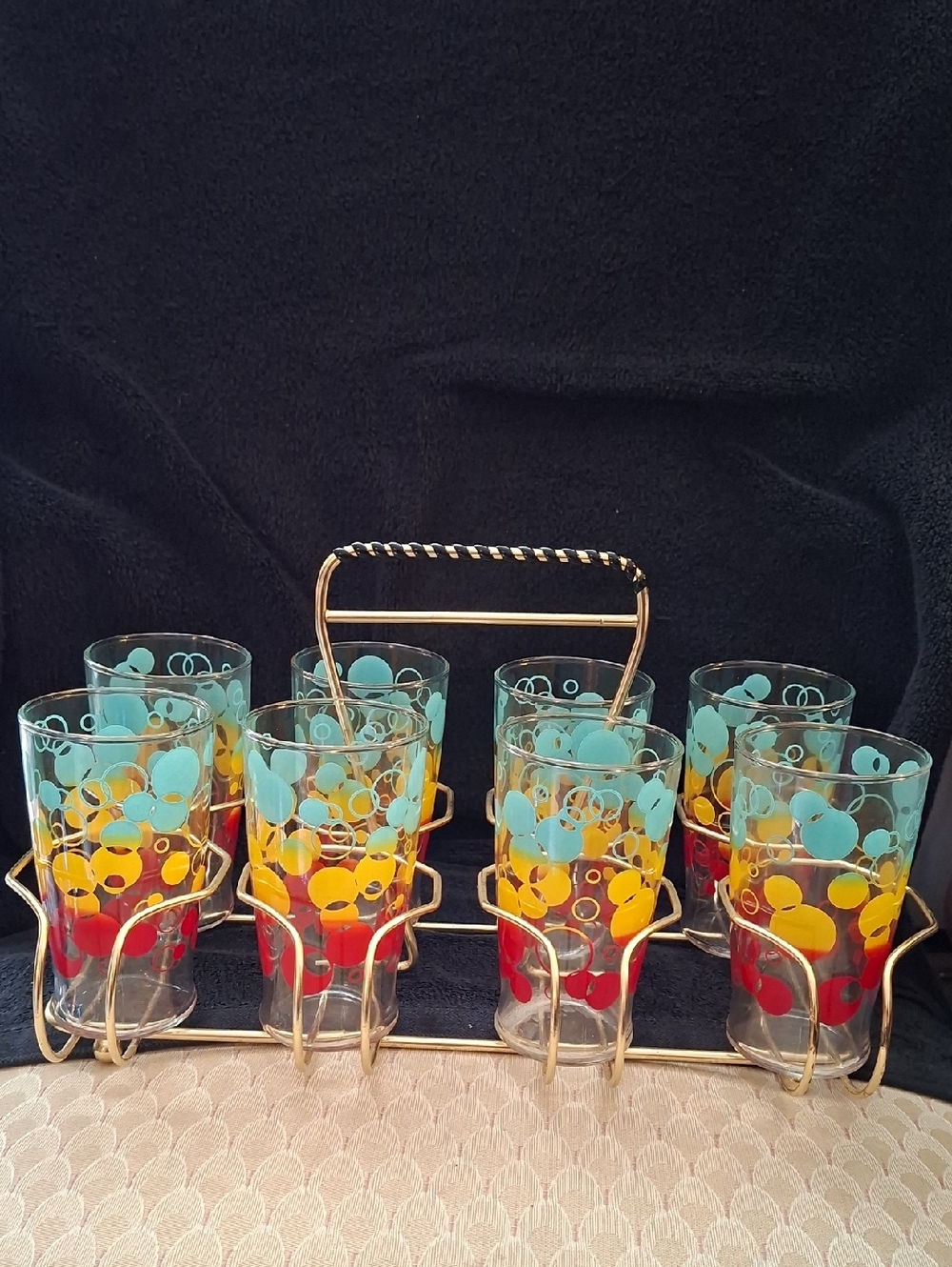 Vintage Colorful Polka Dot Juice Glasses with Gold Carrier